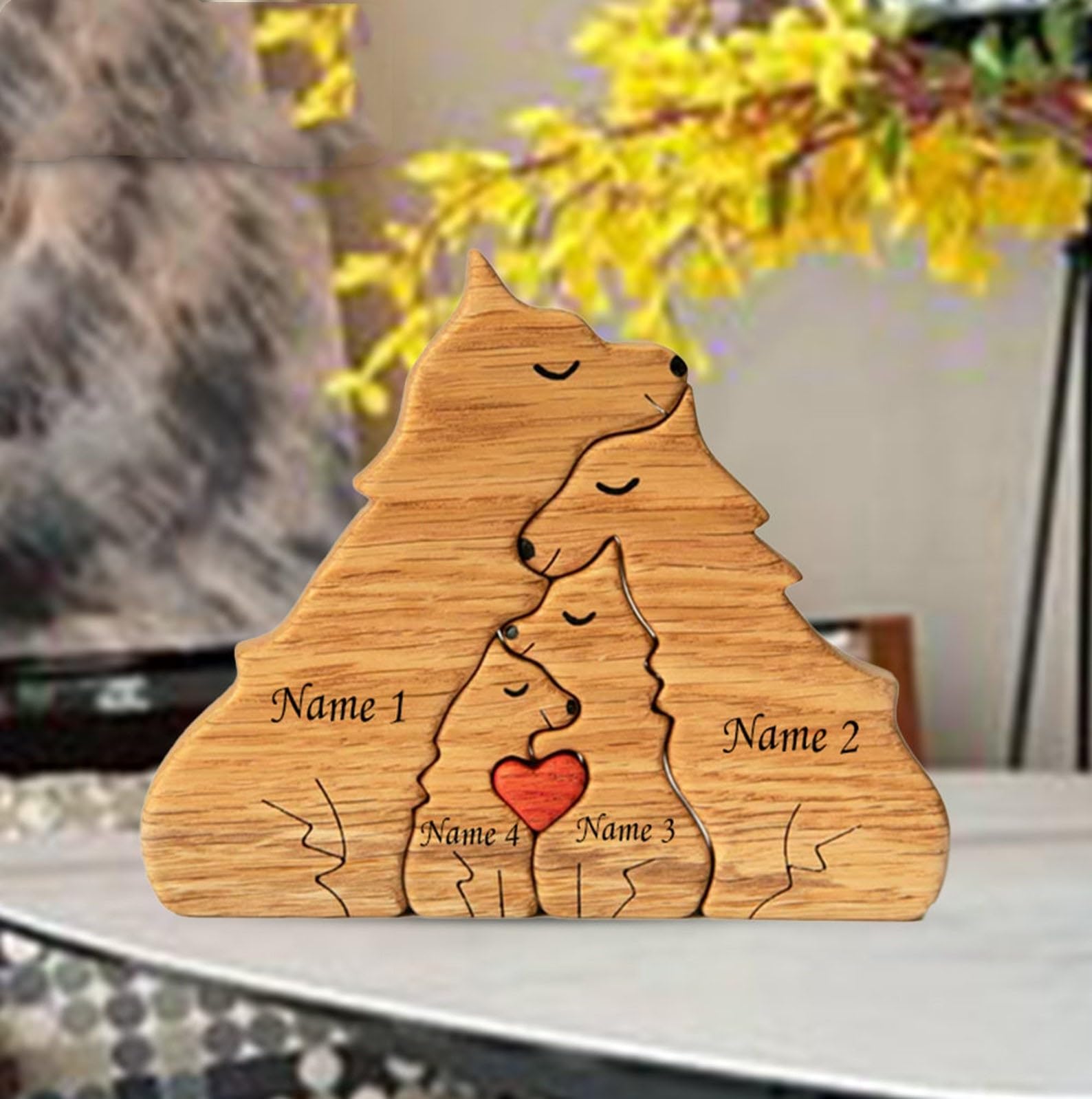 ROSLILY Personalized Wooden Wolf Puzzle with 1-8 Family Name Custom Animal Family Figurines Hand Carved Block Decoration for Mom Dad House Warming - WoodArtSupply