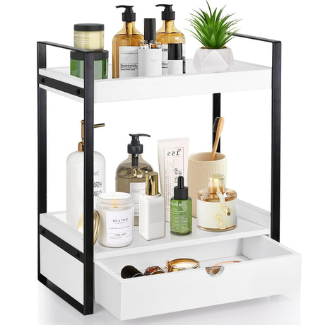 Ukonvi 2-Tier Bathroom Organizer Countertop with Drawer, Wood Counter Shelf for Storage, Vanity Tray for Bathroom Organization and Decor, Countertop Organizer for Kitchen, Office (White) Ukonvi