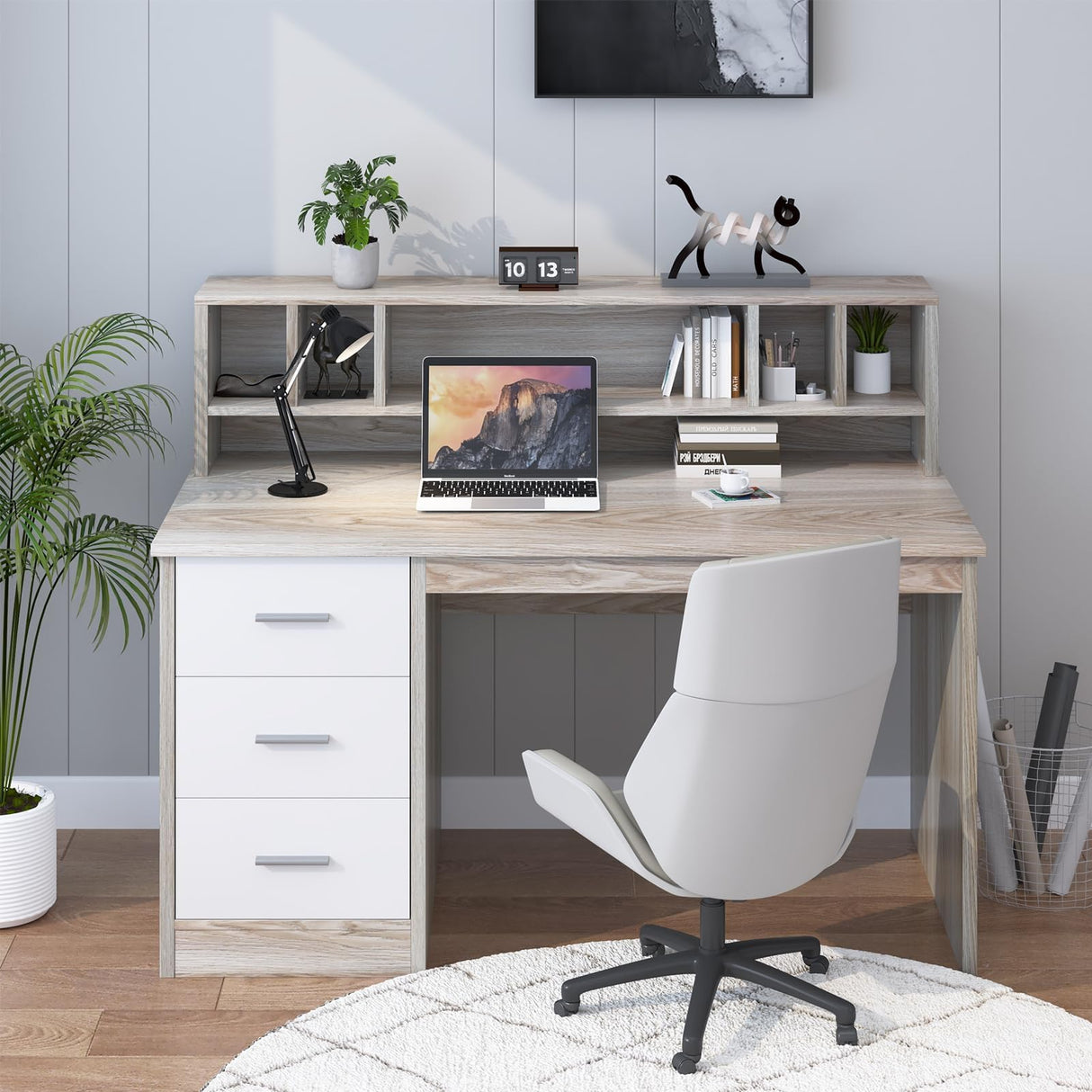 MaverickFurni Walnut and White Desk with 3 Drawers, Small Desk with Storage, Study Desk with Hutch, Kids Desk with Drawers, Wooden Computer Desk for Bedroom MaverickFurni