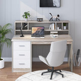 MaverickFurni Walnut and White Desk with 3 Drawers, Small Desk with Storage, Study Desk with Hutch, Kids Desk with Drawers, Wooden Computer Desk for Bedroom MaverickFurni