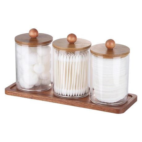 Tbestmax Qtip Holder with Vanity Tray, Clear Bathroom Containers Dispenser for Storage Cotton Swab/Ball/Pad Holder Wood Lids Tbestmax