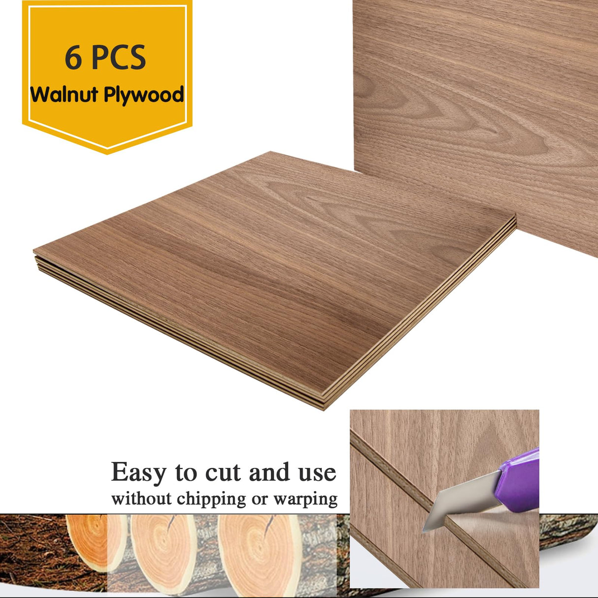 Walnut Plywood 6pcs, 1/8" x 12” x 12” Real Wood Plywood Sheets 1/8" Plywood Sheets 3mm Plywood for Laser Cutting and Engraving CMOOD