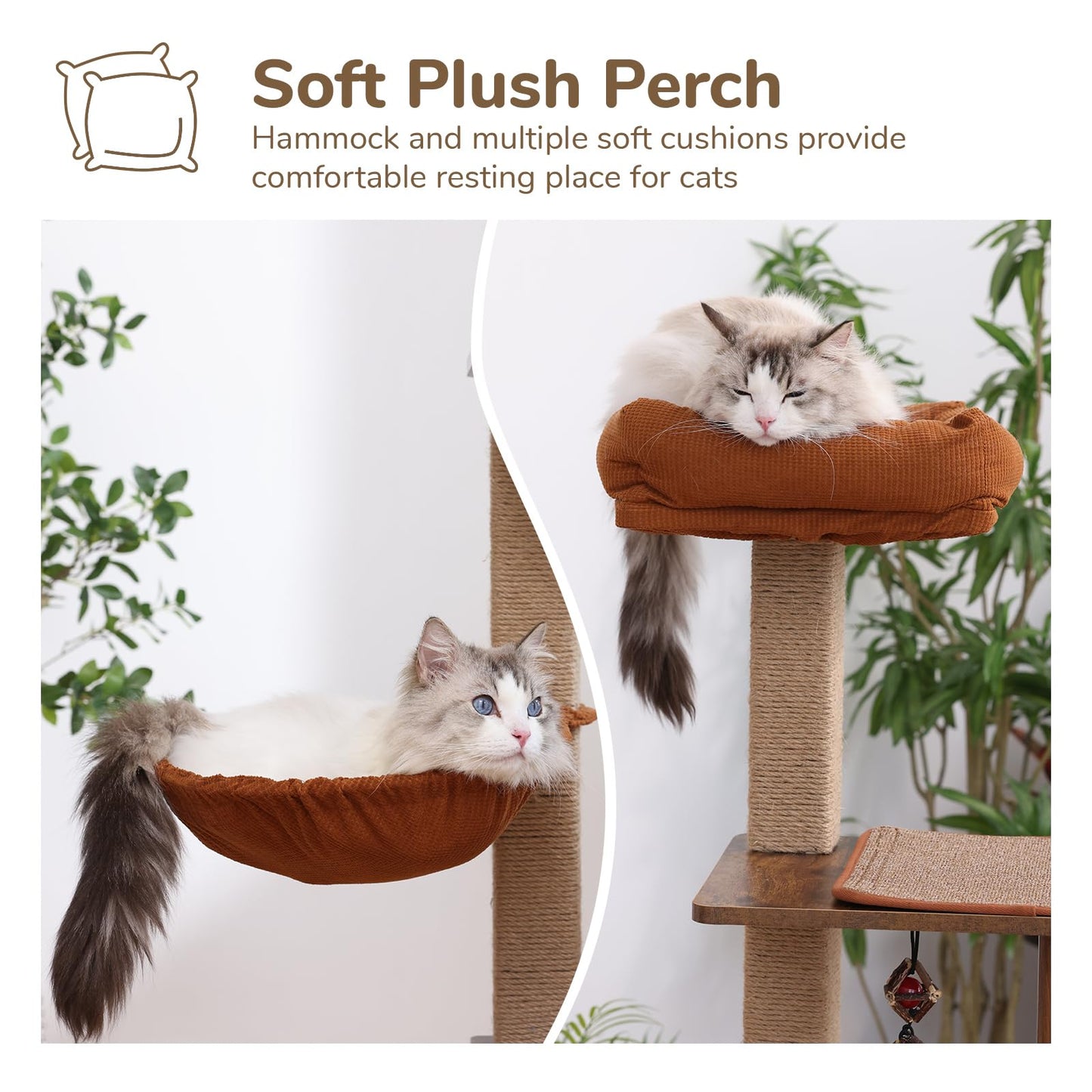 FUKUMARU Cat Tree, 4 in 1 Large Modern Cats Tower with Jute Scratching Post and Hammock, Wood Cat Condo with silvervine balls, Cat Climber Stand Playhouse for Indoor Cats, Retro Style - WoodArtSupply