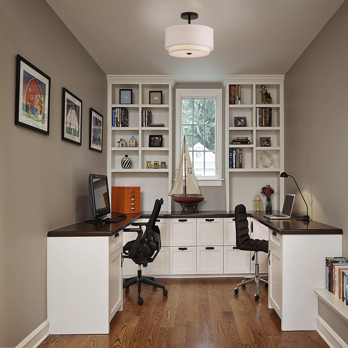 Vexagyle 12.6inch Flush Mount Ceiling Light Fixture,3-Light Modern Close to Ceiling Light with 2-Layer Linen Fabric Shade,Farmhouse Drum Ceiling Mount Lamp for Bedroom Hallway Living Room Vexagyle