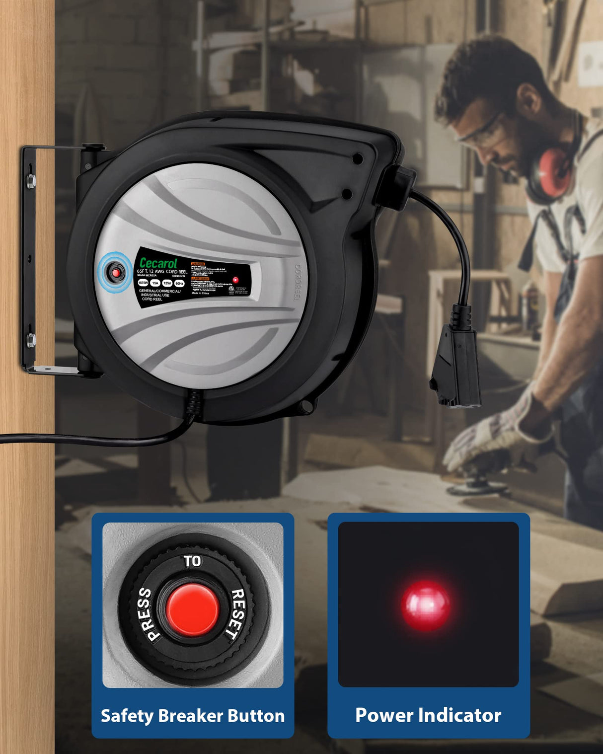 Cecarol Extension Cord Reel 12AWG/3C SJTOW 65FT Retractable Cord with Triple Tap, 15A/ 125V/ 1875W, Slow Retraction Tech, Circuit Breaker, Power Indicator, 180° Swivel (65FT, Black) Cecarol