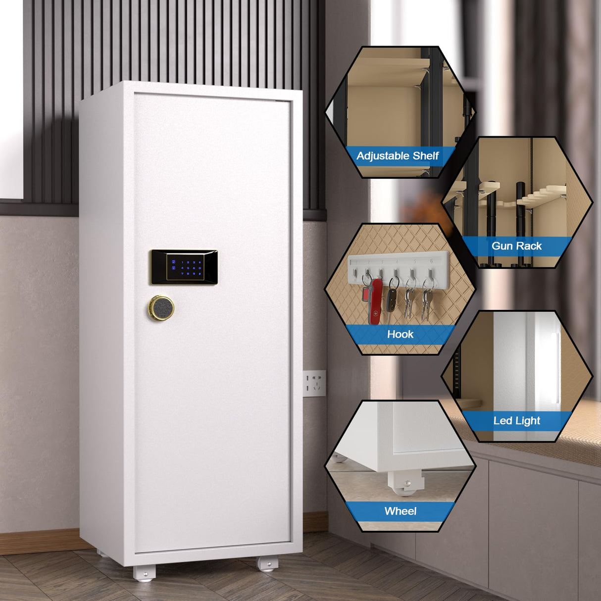 TIGERKING 【𝟐𝟒𝟑 𝐋𝐁𝐒】 2025 𝑯𝒆𝒂𝒗𝒚 𝑫𝒖𝒕𝒚 6-8 Gun Safe, Large Gun Safes for Home Rifle and Pistol, Gun Cabinets for Rifles and Shotguns with 3 Removable Shelf, White TIGERKING