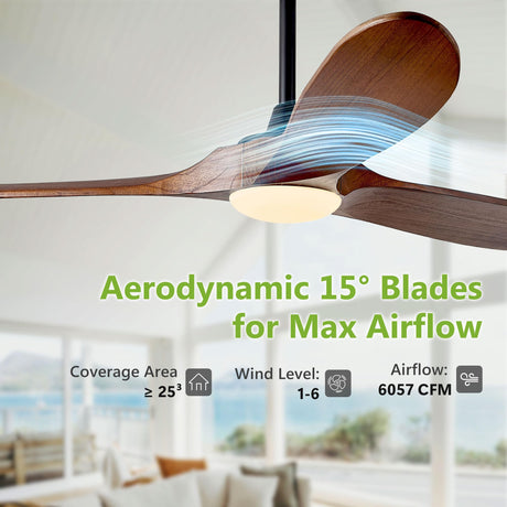 Ceiling Fans with Lights, 60 Inch Solid Wood Propeller Ceiling Fans with Lights and Remote Control Outdoor Ceiling Fan for Patios Indoor Living Room 3 Blades, Quiet DC Motor ETL Listed, Dark Walnut Haipeel