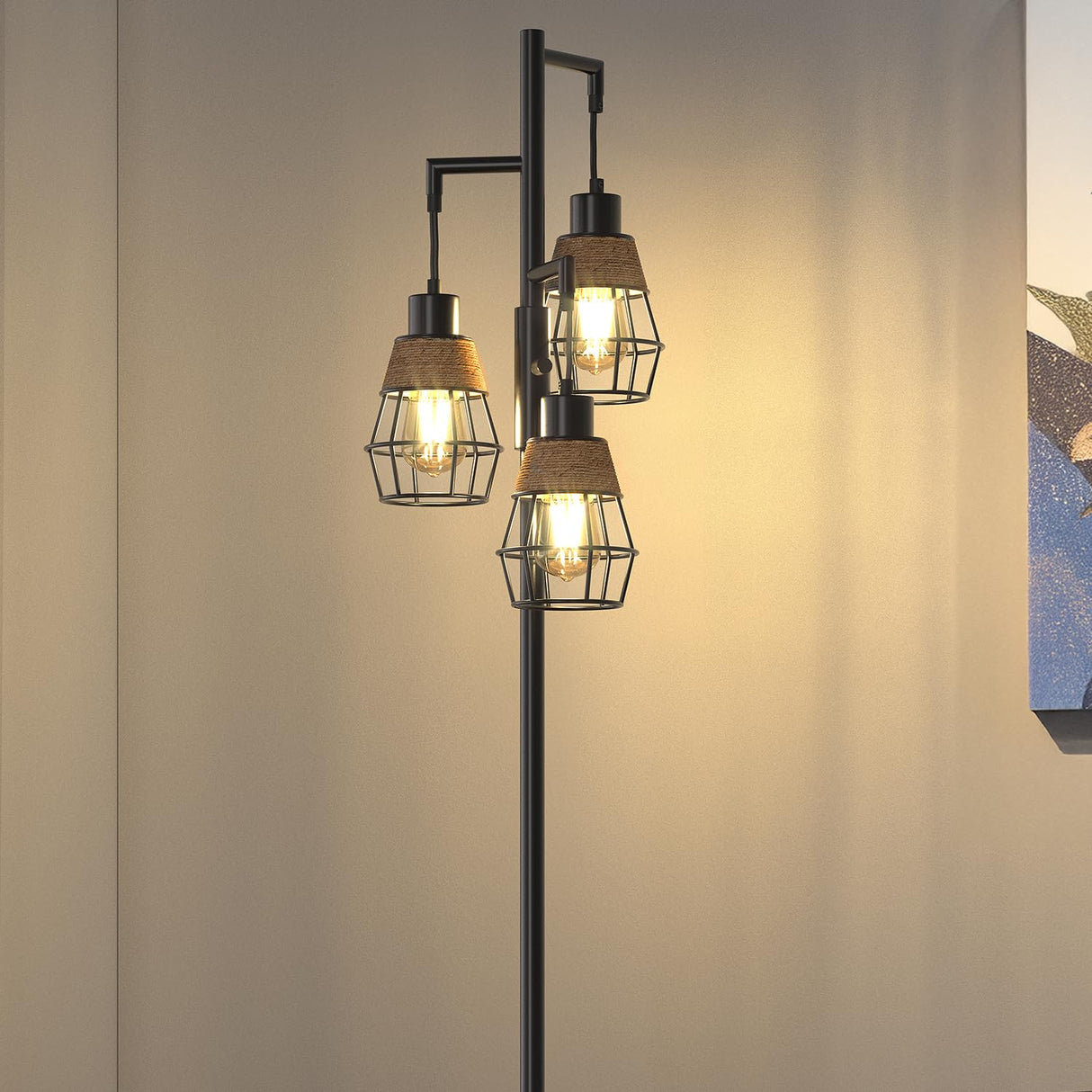 Oneach 68" Floor Lamps for Living Room, Stepless Dimmable Boho Floor Lamp with 3 Bulbs, Tall Farmhouse Industrial Corner Standing Tree Lamp for Bedroom, Office, Study Room, Dining Room, Black Oneach