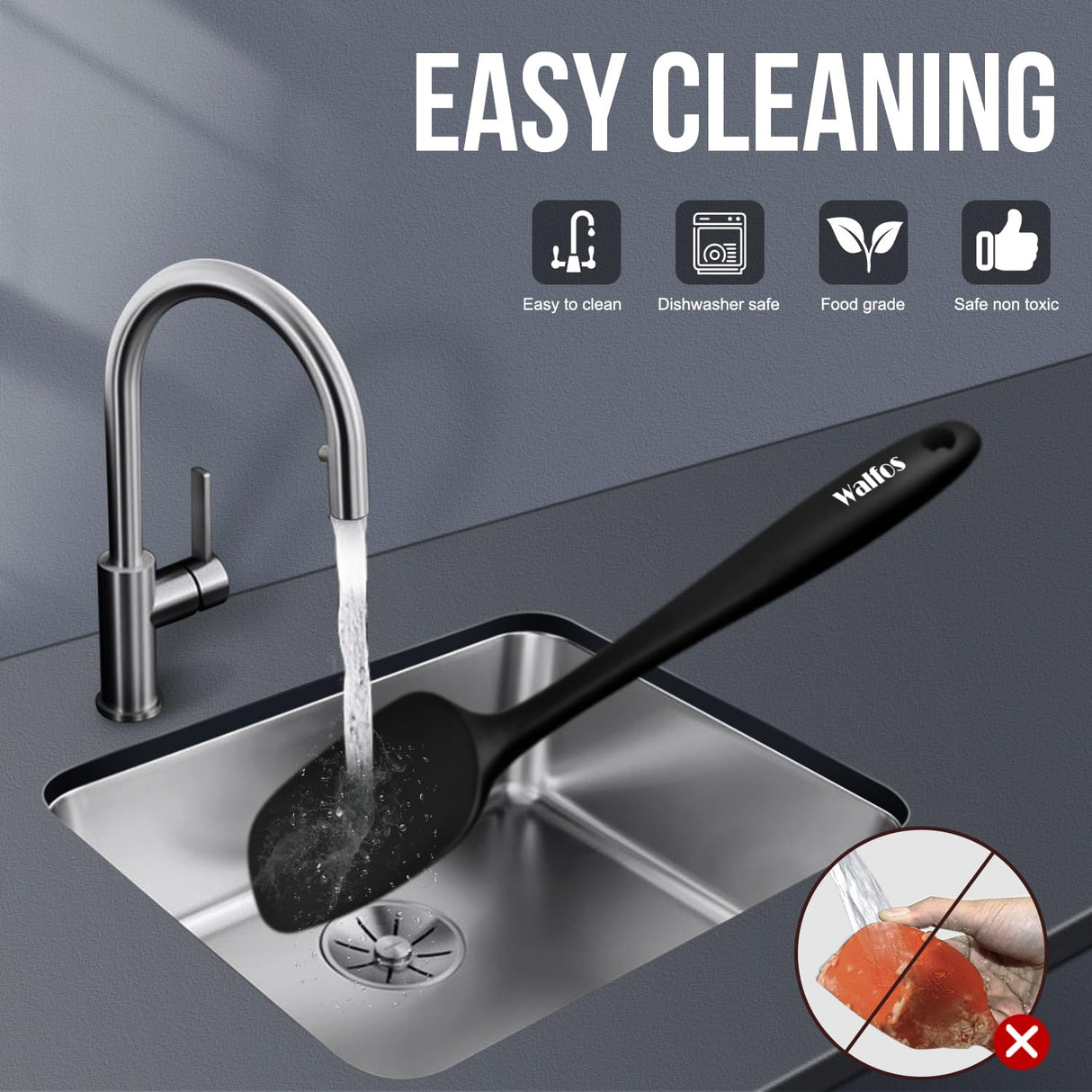 Walfos Silicone Spatula Set of 5 - (600°F) High Heat Resistant Kitchen Scraper Spatulas, One-Pieces Seamless Design, Perfect for Cooking Mixing & Baking - BPA Free and Dishwasher Safe,black Walfos