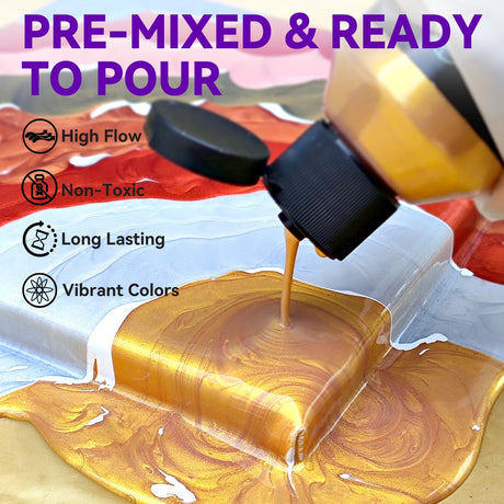 OPHIR Metallic Pouring Paint Set, 8 Metallic Colors, 2 Black, 2 White Colors, Pre-Mixed Paint Pouring Supplies, Ready to Pour Metallic Acrylic Paint for Canvas, Paper, Rocks, Wood,Glass OPHIR