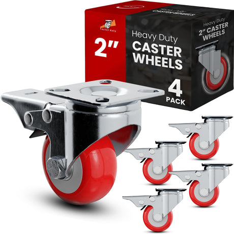Online Best Service 4 Pack Caster Wheels Swivel Plate On Red Polyurethane Wheels (2 inch With Brake) Online Best Service