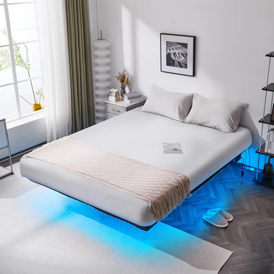 VINGLI King Floating Bed Frame with USB Charging & LED Lights - Heavy Duty Metal Platform, No Box Spring Needed - WoodArtSupply