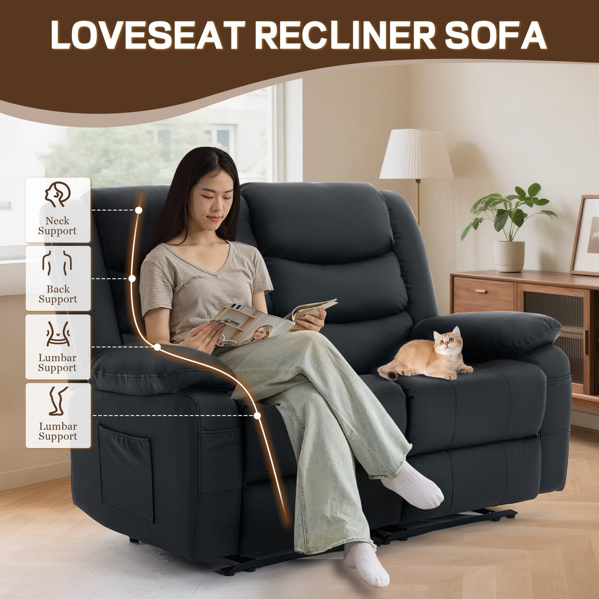 Korser Loveseat Recliner Sofa for RV Furniture and Theater Seating, Wall Hugger Loveseat Recliner, Oversized Loveseats Couch with Front Porckets&Side Pockets, Fabric, Black Korser