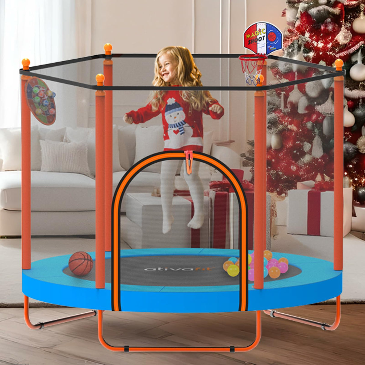 Ativafit 60'' Rebounder Trampoline Indoor Outdoor for Kids Ages 1-8, 5 FT Recreational Toddler Trampoline with Safety Enclosure Net Gifts with Basketball Hoop Dartboard Ocean Ball for Fun ATIVAFIT