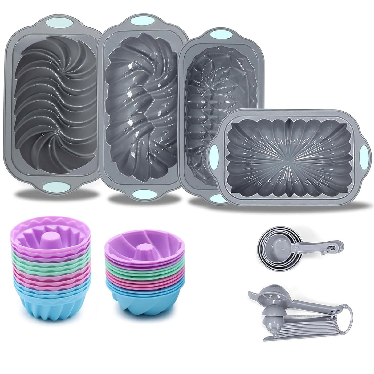 Tongjude 45 Pieces Silicone Loaf Pan for Baking Bread, 4 Cups Silicone Baking Pans Set, Baking Cups, Non-Stick Kitchen Oven Baking Pans, with Measuring Cups and Spoons Set, Grey Tongjude