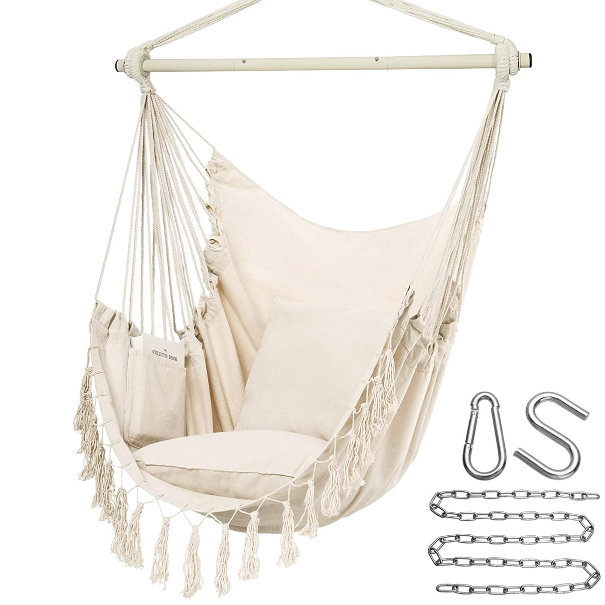 Y- Stop Hammock Chair Hanging Rope Swing, Max 500 Lbs, 2 Cushions Included, Large Macrame Hanging Chair with Pocket for Superior Comfort, with Hardware Kit (Beige) Y- STOP