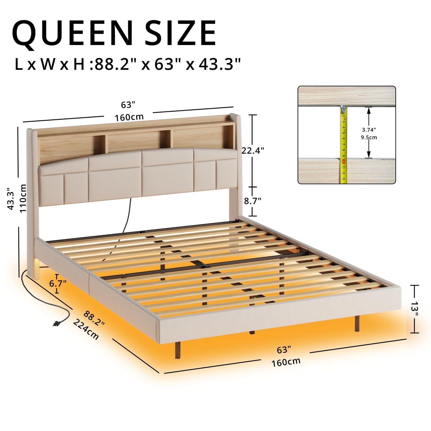 ANTCOR Elevated Queen Bed Frame with Bookcase Headboard and LED Charging Station - WoodArtSupply