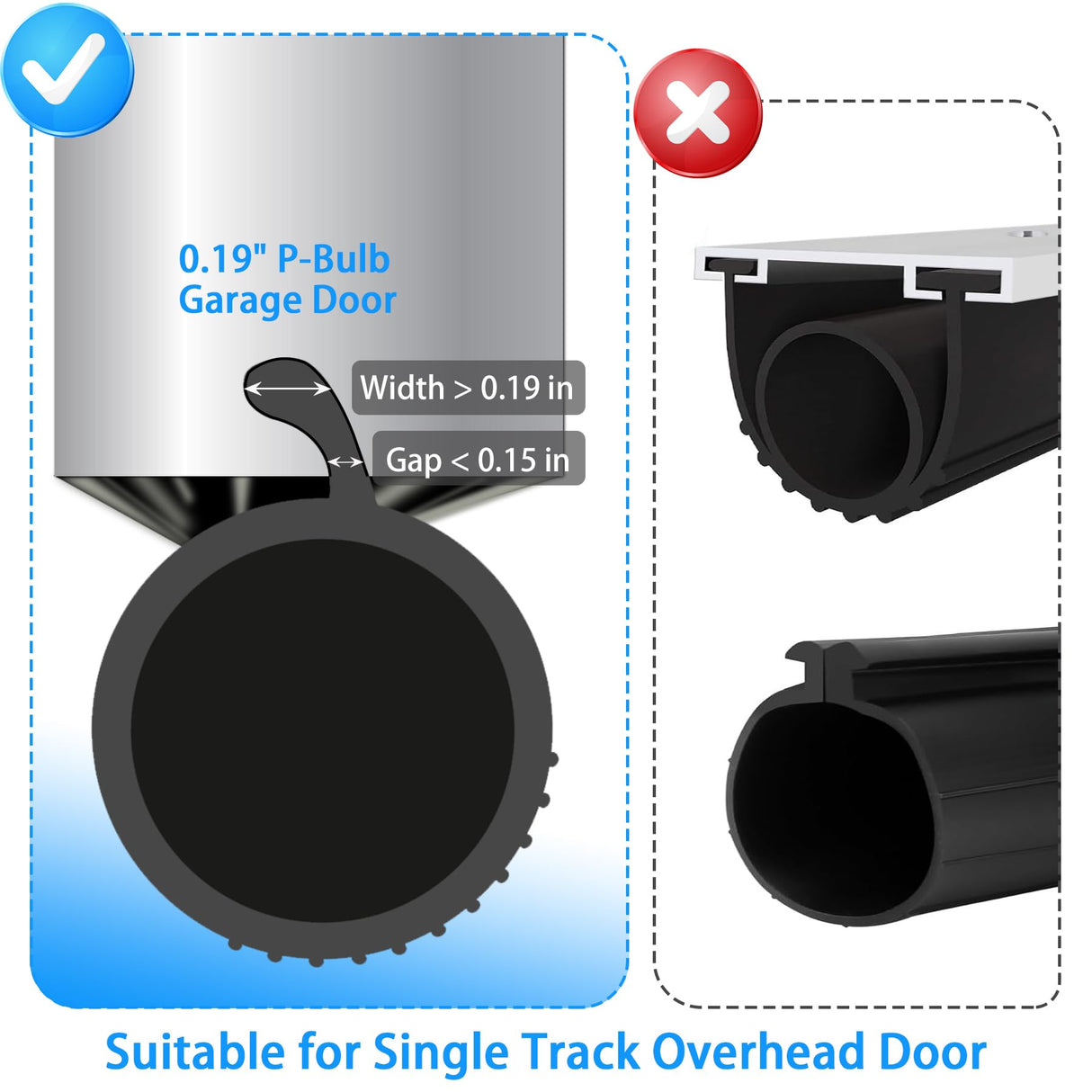 Gaahing 0.19" P-Bulb Garage Door Bottom Seal Strip - Replacement Impact Buffer Weatherstripping, Fits Single Track Overhead Door (9.8FT, Black) Gaahing