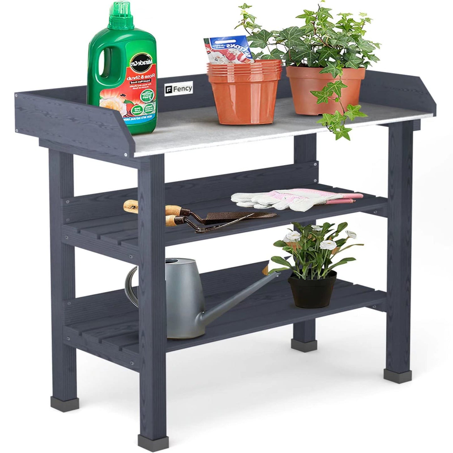 Elevens Potting Bench Tables Outdoor, Potting table Garden Work Station Metal Tabletop Solid Wood Planting Bench with 2 Tier Storage Open Shelf (4 Feet/Grey) - WoodArtSupply