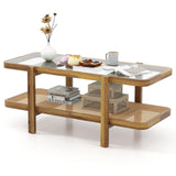 Giantex Rattan Coffee Table, 47.5" Rectangle Solid Wood Tea Table w/Tempered Glass Tabletop, Rattan Storage Shelf, 2-Tier Boho Coffee Tables, Farmhouse Center Table for Living Room (Oak) Giantex