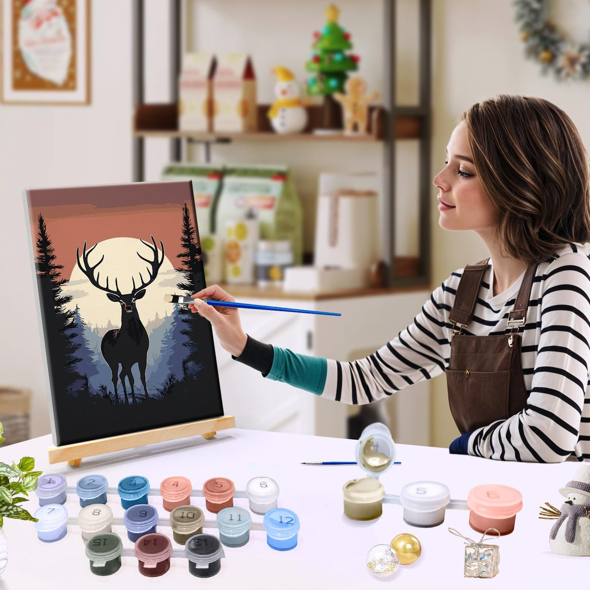 JOOZ Paint by Numbers Kit for Adults Framed Deer Paint by Number with Easel Moon Adult Paint by Number Kits Framed Canvas DIY Forest Oil Painting Kits for Home Wall Decor 8x12 Inch JOOZ