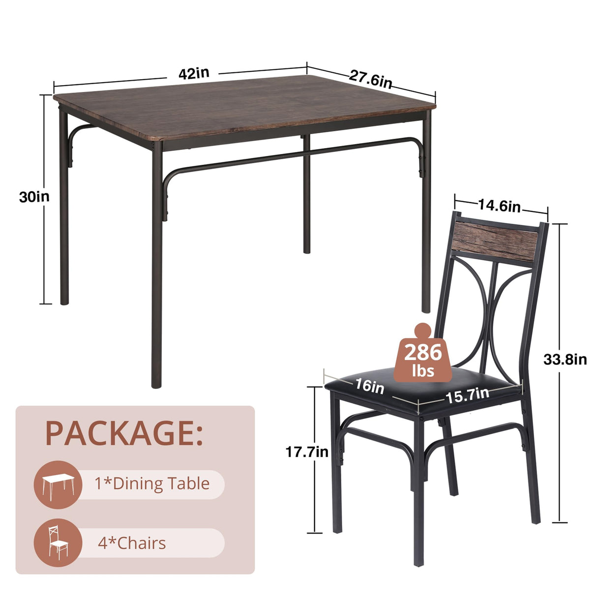 VECELO Kitchen Dining Room Table Set with 4 Chairs for Small Space, Apartment,Metal Steel Frame VECELO