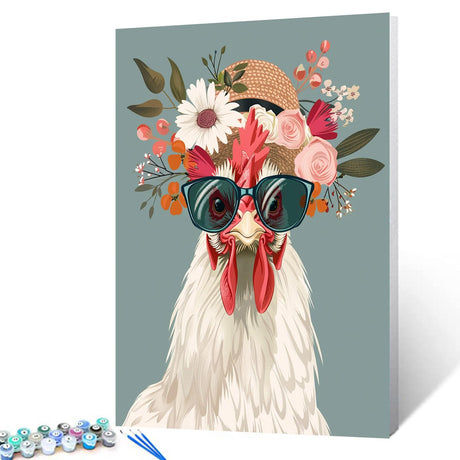 Serious Rooster Wearing Shades Straw Hat Paint by Number Funny Animal Flowers Painting DIY Painting on Canvas with Brushes Paints Paint by Numbers for Adults and Beginner 16x20 Inch（without Frame） Tucocoo