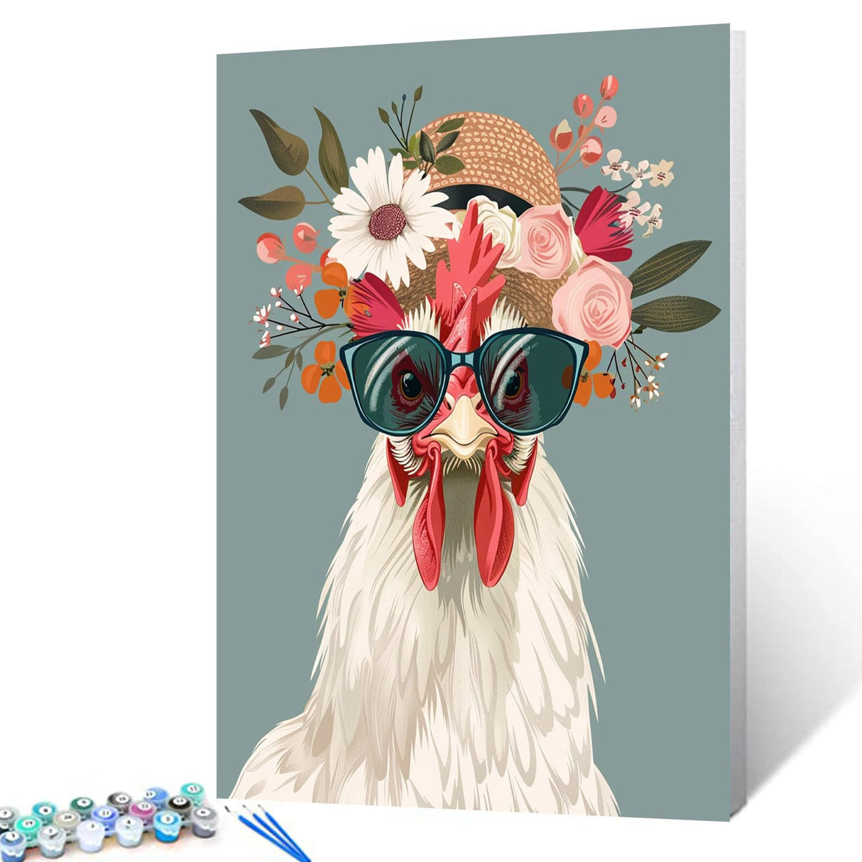 Serious Rooster Wearing Shades Straw Hat Paint by Number Funny Animal Flowers Painting DIY Painting on Canvas with Brushes Paints Paint by Numbers for Adults and Beginner 16x20 Inch（without Frame） Tucocoo