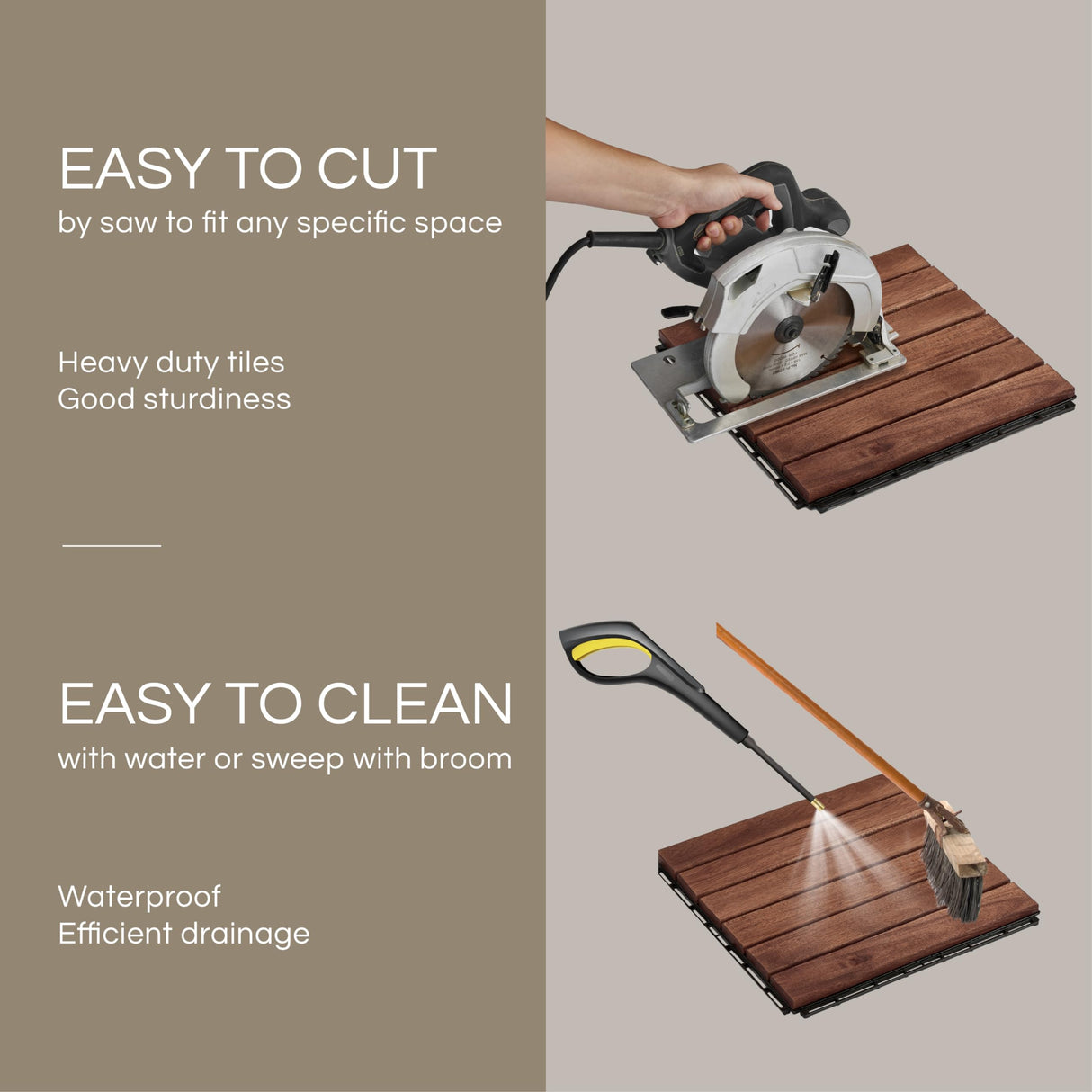 THYOI 10PCS 6 Slats Wood Deck Tiles, 12"x12" Interlocking Deck Tiles, Water Resistant for Indoor & Outdoor, Balcony Flooring, Square Joint (Dark Brown - Normal Base) THYOI