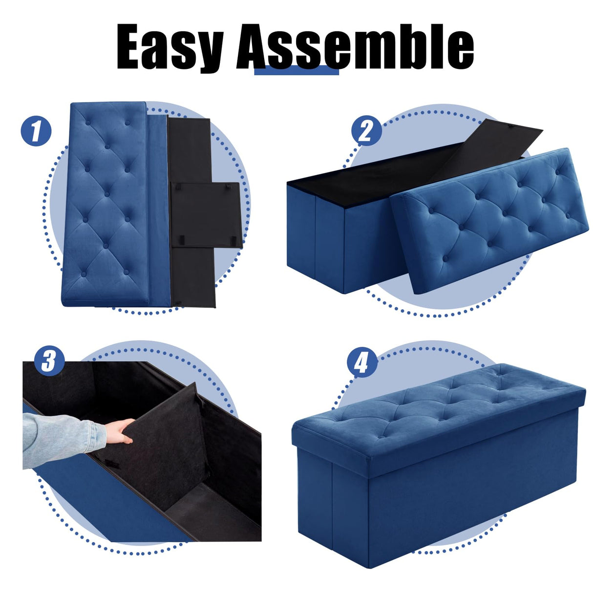 BRIAN & DANY 43 Inches Folding Storage Ottoman Bench, Velvet Ottoman with Storage for Living Room, Long Shoes Bench,Flannelette Footrest Benches Seat (Blue) BRIAN & DANY