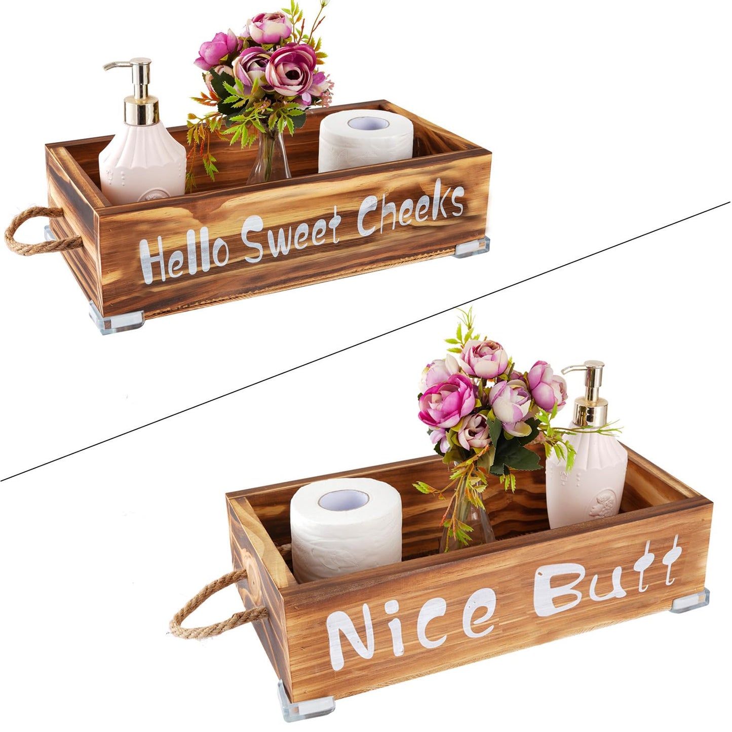 YCOCO Bathroom Decor Box,2 Sided Signs Wooden Toilet Paper Holder with Handles Farmhouse Bathroom Basket for Tank Topper Toilet Paper Storage,Modern Home Decor Bathroom Tray,Brown