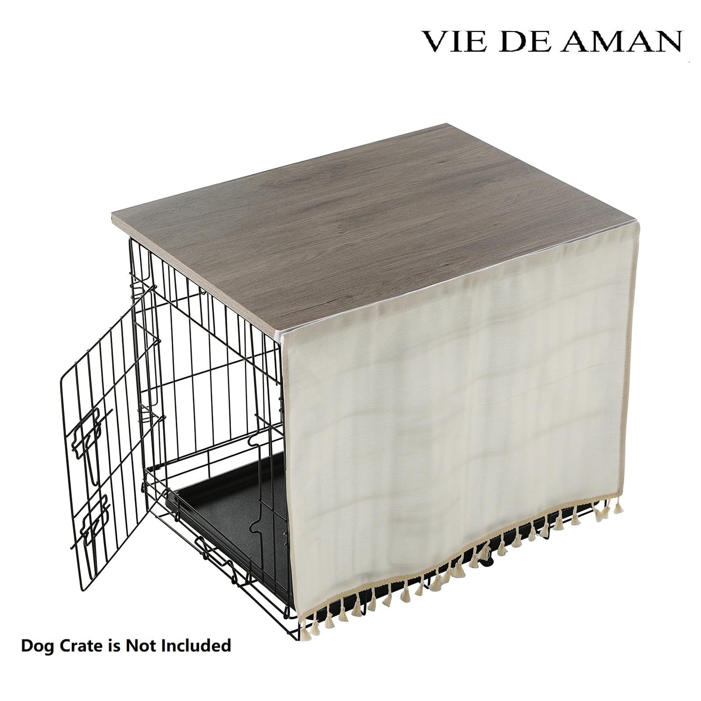 VIE DE AMAN Dog Crate Topper Wood for 48 42 36 24 inch Cages, Dog Crate Table Topper with Tassel Curtain, Rustic Style Dog Kennel Topper, Oak Grey(Dog Crate Not Include) - WoodArtSupply