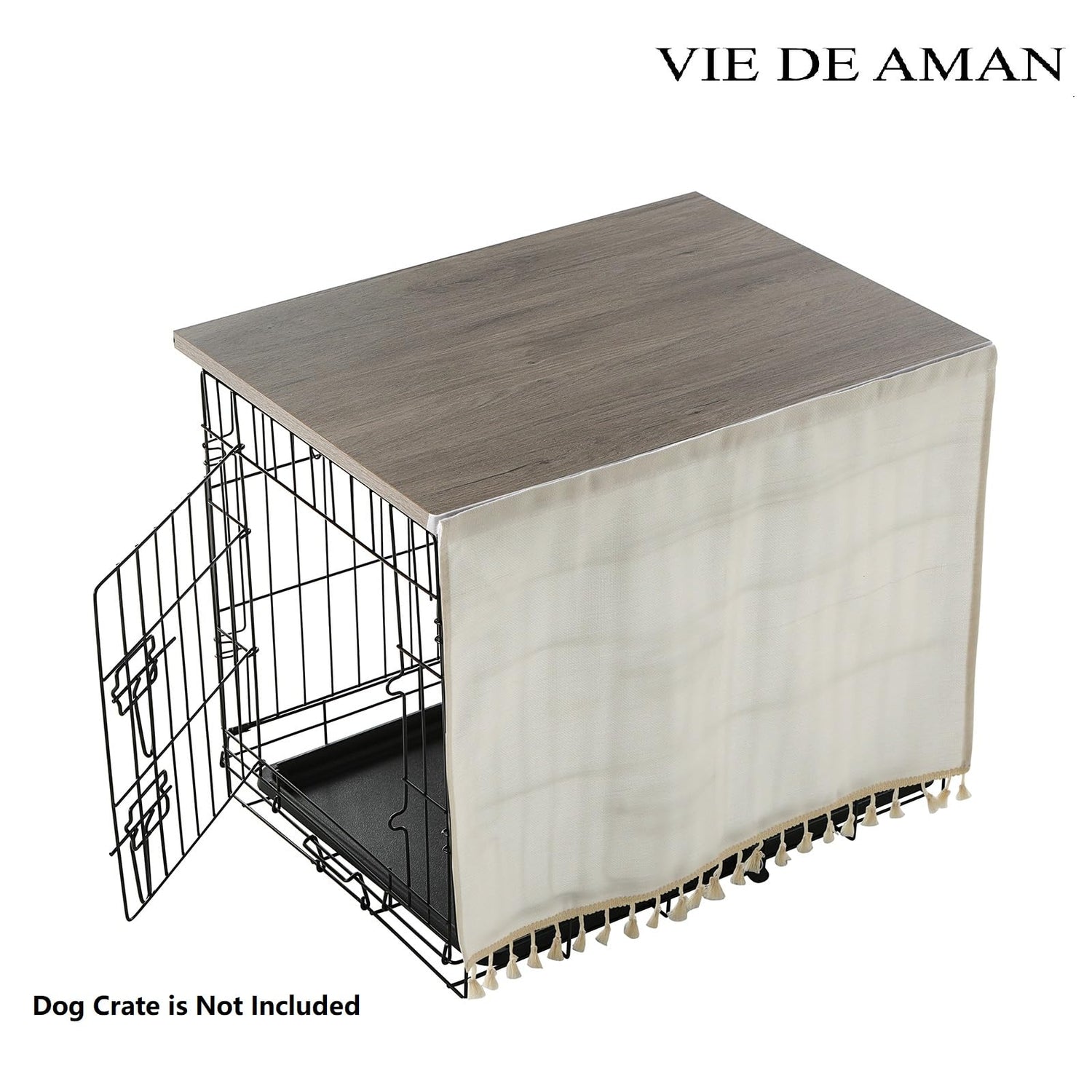 VIE DE AMAN Dog Crate Topper Wood for 48 42 36 24 inch Cages, Dog Crate Table Topper with Tassel Curtain, Rustic Style Dog Kennel Topper, Oak Grey(Dog Crate Not Include) VIE DE AMAN