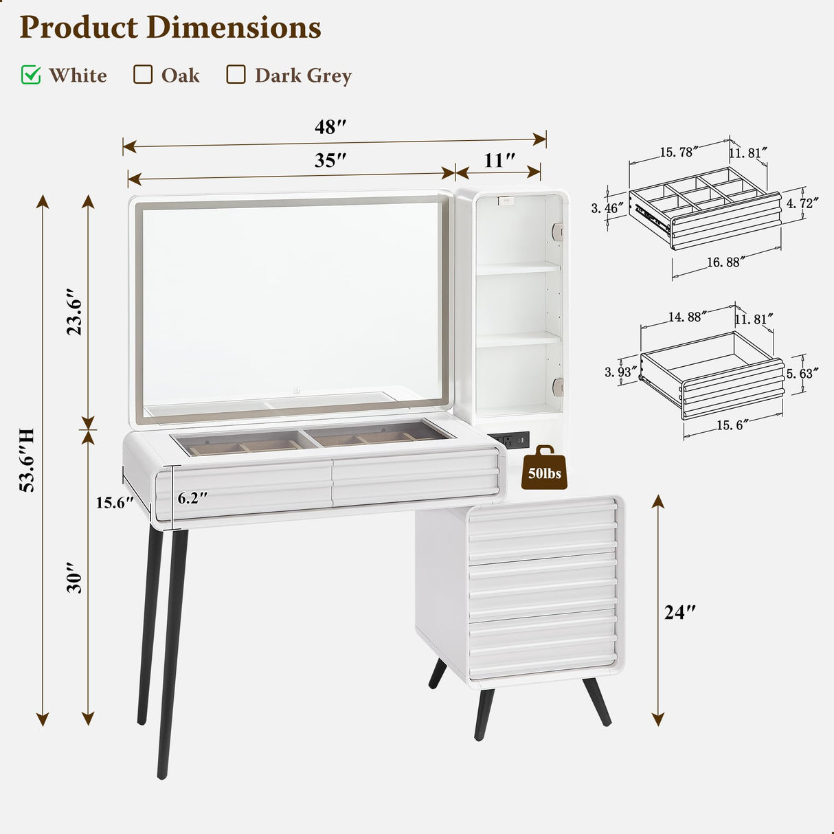 Fluted Makeup Vanity Desk with Large 35" HD Lighted Mirror, 48" Mid Century Modern Glass Top Vanity Table with 5 Drawers & Adjustable Shelf, Dressing Table w/Charging Station for Bedroom, Off White T4TREAM