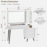 Fluted Makeup Vanity Desk with Large 35" HD Lighted Mirror, 48" Mid Century Modern Glass Top Vanity Table with 5 Drawers & Adjustable Shelf, Dressing Table w/Charging Station for Bedroom, Off White T4TREAM