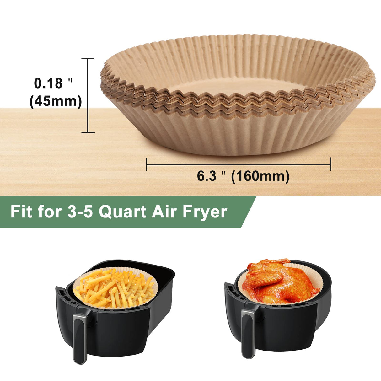 Air Fryer Paper Liner, Unbleached & Biodegradable Material, Disposable Non-stick Parchment Paper for Frying, Baking, Roasting & Grilling (100Pcs-6.3") JolyWell