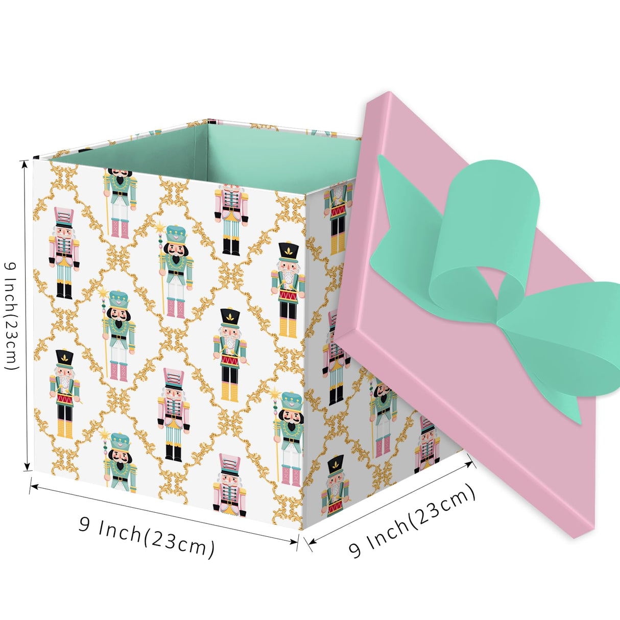 BIOBROWN Medium Christmas Gift Boxes with Lids for Presents, 9x9x9 Inches Nutcracker Design Collapsible Gift Box for Party, Xmas, Holiday BIOBROWN