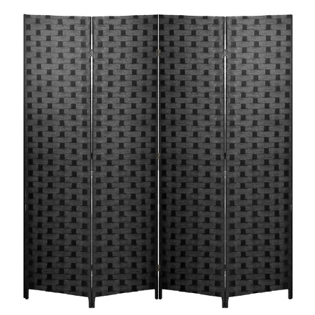 Room Divider 6FT Wall Divider Wood Screen 4 Panels Wood Mesh Hand-Woven Design Room Screen Divider Indoor Folding Portable Partition Screen,Black FDW