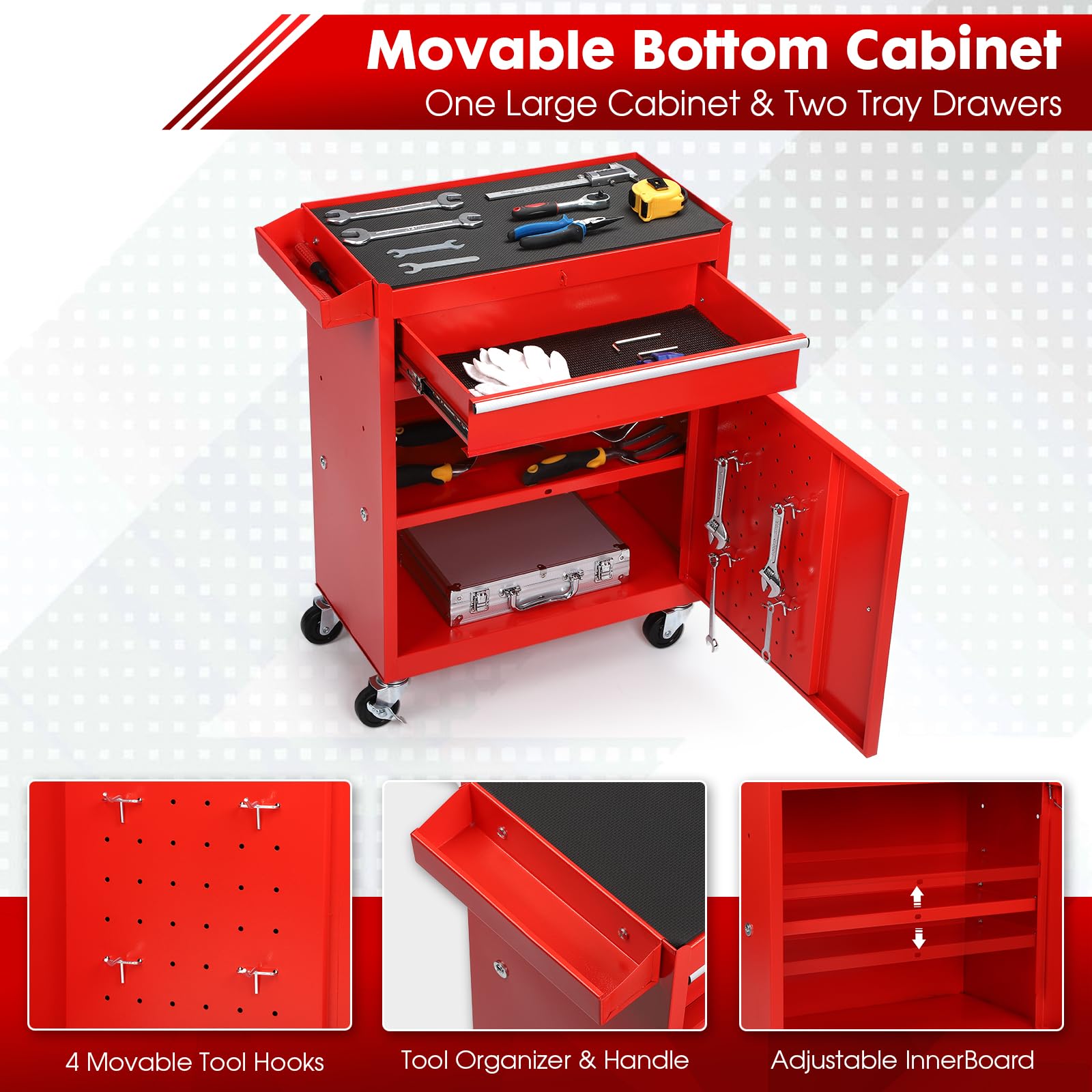 Dawmilon 5-Drawer Rolling Tool Chest, 2-in-1 Tool Box Organizer with Lockable Wheels, Sliding Drawers, and Detachable Top, Garage Workshop Tool Storage Cabinet, Red - WoodArtSupply