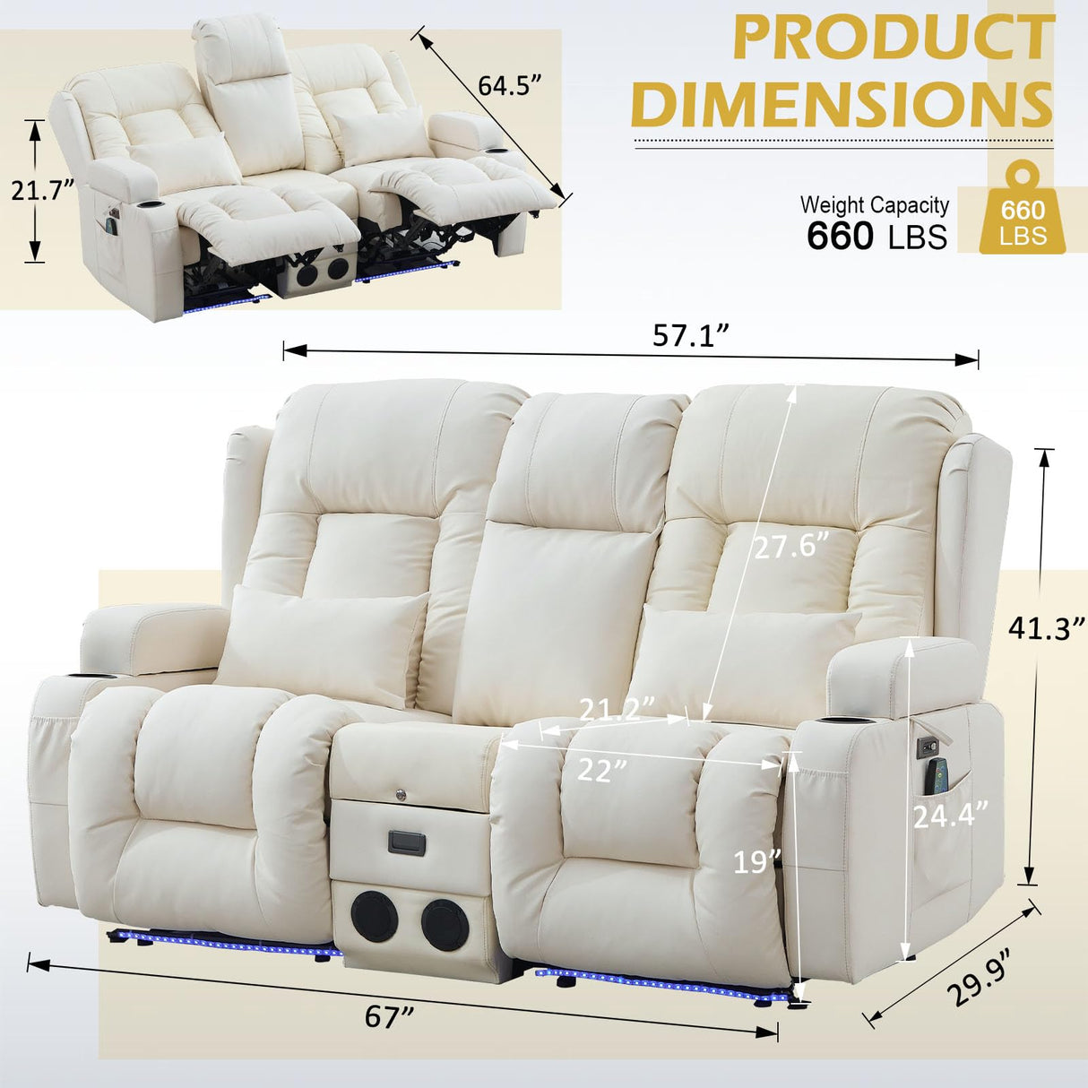 SENIFIS Loveseat Recliner Sofa, Leather Sofa with Massage & Heating, Home Theater Seating Power Reclining Loveseat with Outlet/LED Light/Cup Holders/Speaker/USB (Beige, Loveseat with Console) SENIFIS