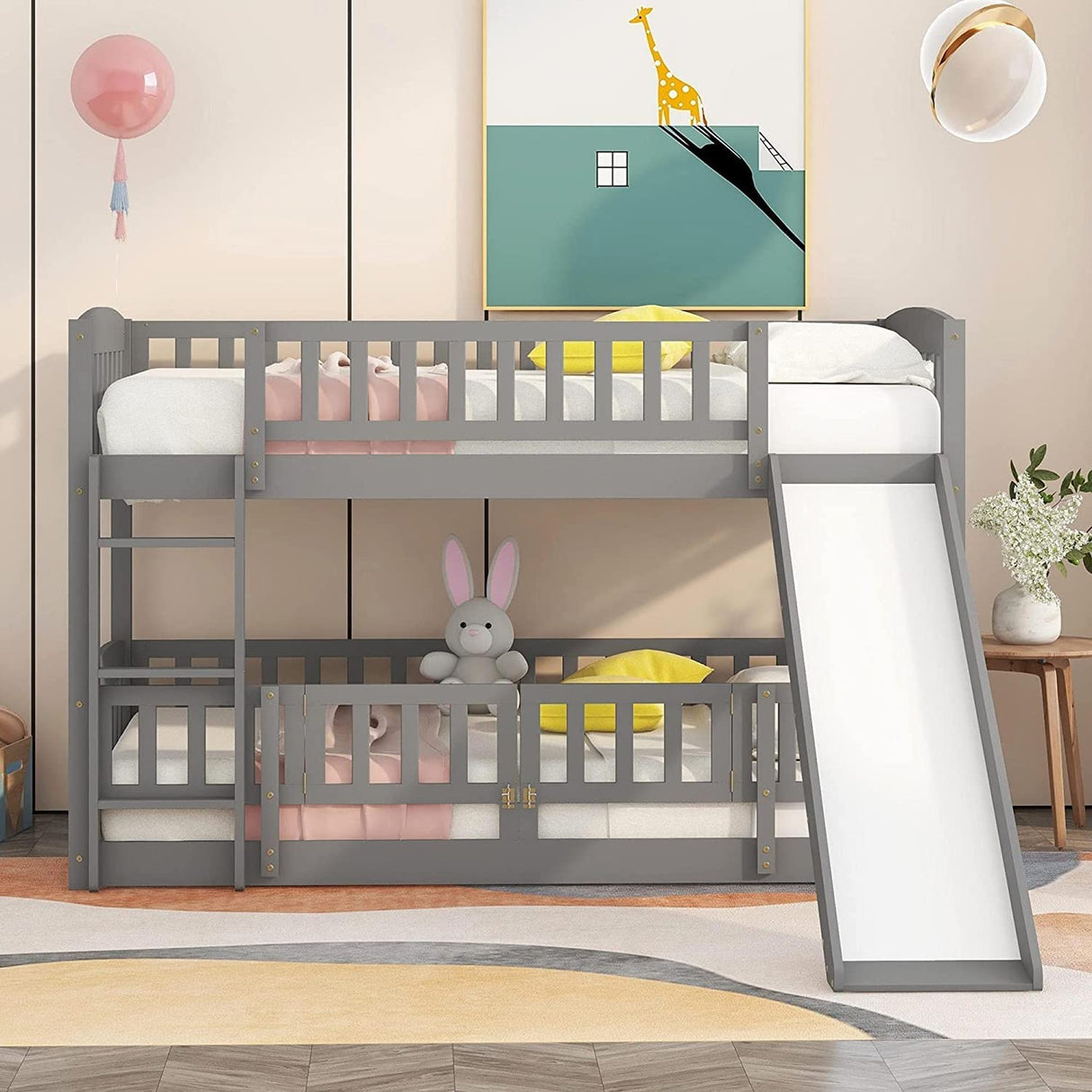 Harper & Bright Designs Low Bunk Beds Twin Over Twin, Kids Bunk Bed with Slide, Fence and Ladder, Wood Twin Bunk Beds for Girls Boys, Grey Harper & Bright Designs