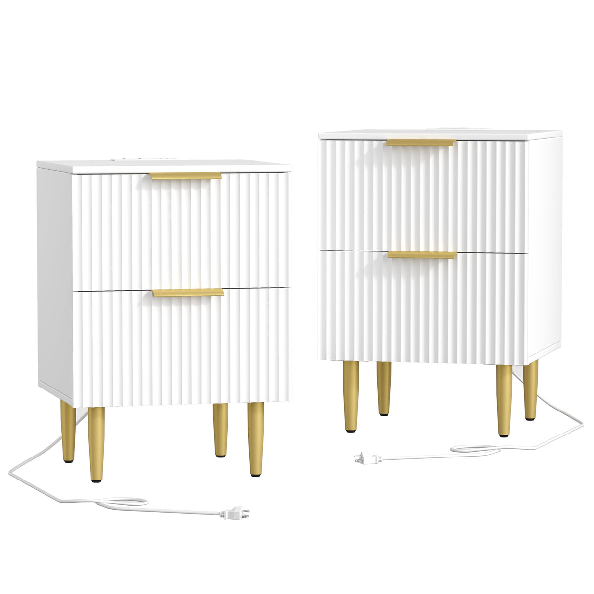 Akxomel White Nightstand Set of 2, Fluted Night Stand with Charging Station, 13.8" D x 15" W x 23.2" H, 2 Drawers Modern Bedside Table with USB Ports and Outlets, Golden Side Table for Bedroom Akxomel
