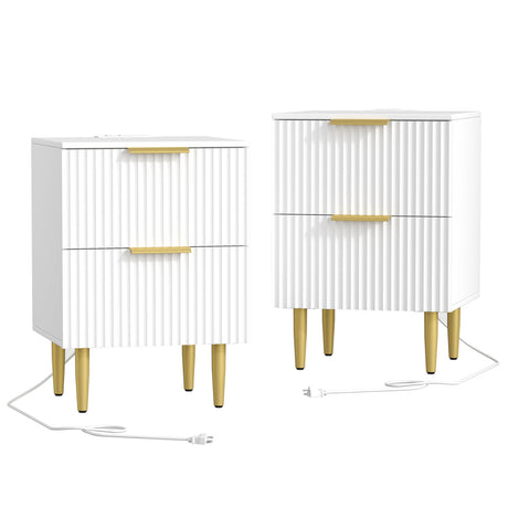 Akxomel White Nightstand Set of 2, Fluted Night Stand with Charging Station, 13.8" D x 15" W x 23.2" H, 2 Drawers Modern Bedside Table with USB Ports and Outlets, Golden Side Table for Bedroom Akxomel
