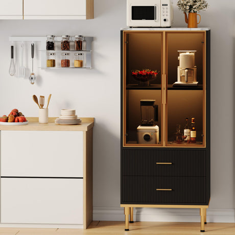 GarveeHome Fluted Storage Cabinet with Glass Door and 2 Drawers, Modern Display Storage Cabinet, Kitchen Pantry with Adjustable Shelves for Collectibles, Living Room, Office - Black GarveeHome