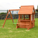 Sportspower Swing n' Play Wooden Outdoor Backyard Playhouse with Swing, Picnic Bench and Flower Boxes, Brown Sportspower