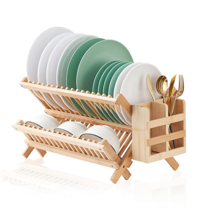 Worthyeah Bamboo Dish Drying Rack, 2 Tier Collapsible Dish Rack with Utensil Holder, Wooden Dish Drying Rack for Kitchen Counter, Large Folding Drying Holder, Dish Drainer