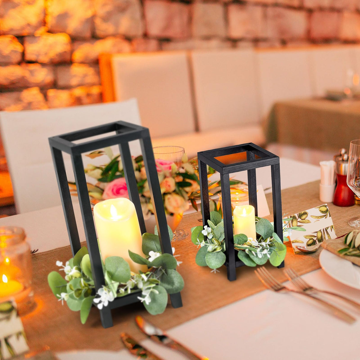 Geelin 10 Pcs Wooden Candle Lantern Wedding Lantern Centerpiece Lantern Candle Holder for Table Fireplace Lantern Decorative Farmhouse Candle Lantern for Wedding Baby Shower(Black, 10.59 in, 13 in) Geelin