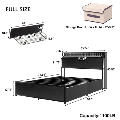 EtherealZYF Black Queen Bed Frame with LED Headboard, Charging Station & 4 Storage Drawers - WoodArtSupply