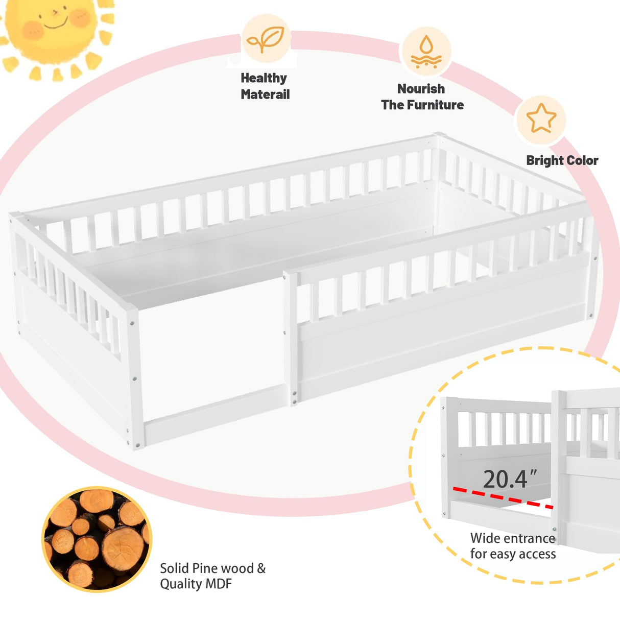 Floor Bed for Kids, Twin Size Montessori Bed with High Fence Railings, Wood Playhouse Bed with Rails for Baby Boys Girls Teens, No Slats Included, White Mirightone