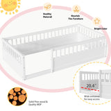 Floor Bed for Kids, Twin Size Montessori Bed with High Fence Railings, Wood Playhouse Bed with Rails for Baby Boys Girls Teens, No Slats Included, White Mirightone